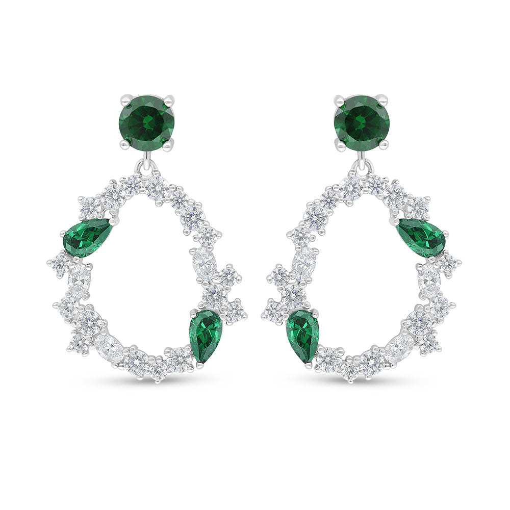 Sterling Silver 925 Earring Rhodium Plated Embedded With Emerald Zircon And White Zircon