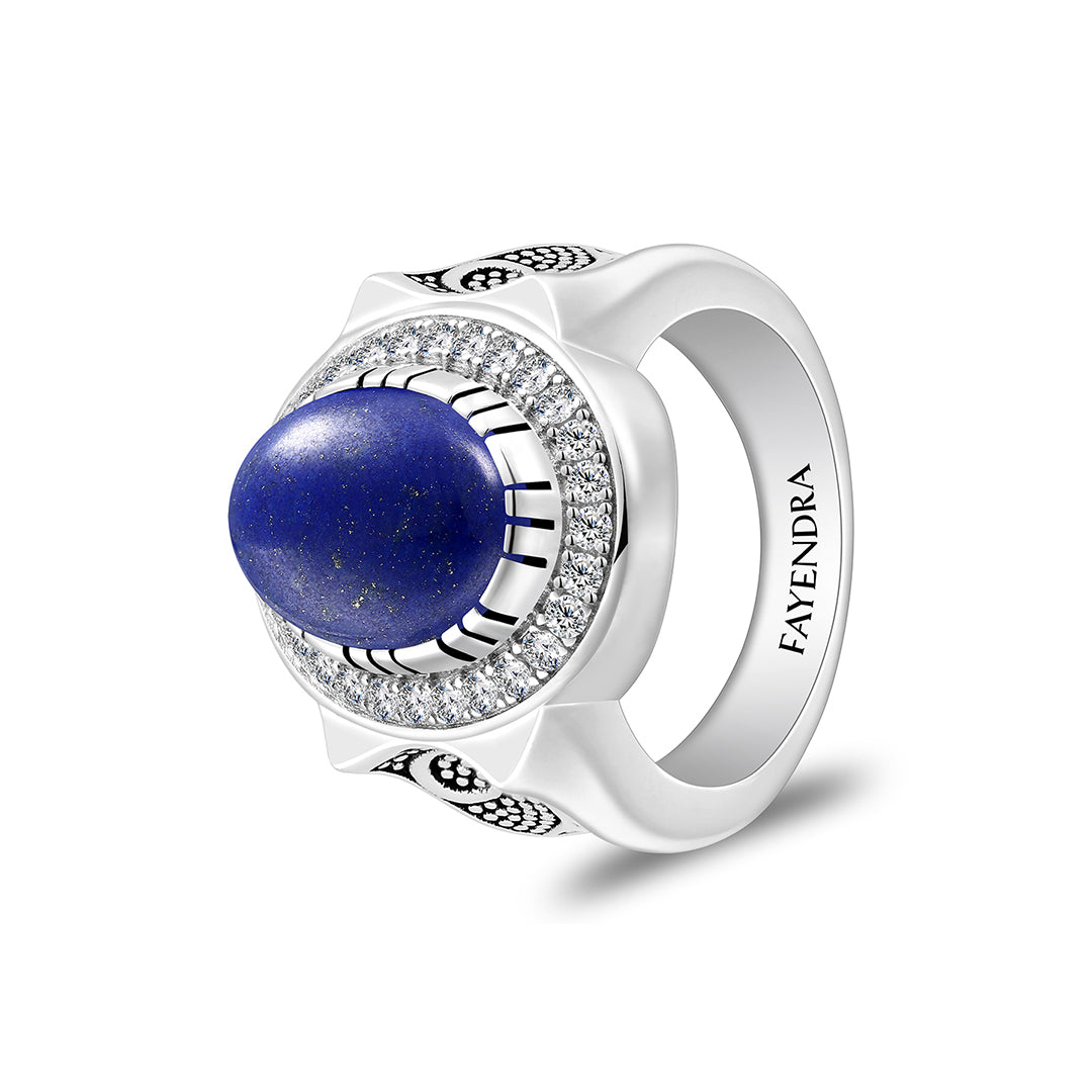 خاتم رجالي من الفضة الخالصة عيار925 مطلي روديوم و اسود مرصع حجر لابيس كابشون و فص ابيض