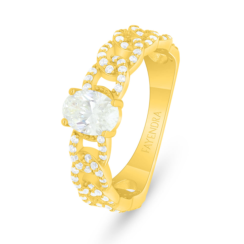 Sterling Silver 925 Ring Golden Plated Embedded With Yellow Diamond And White Zircon