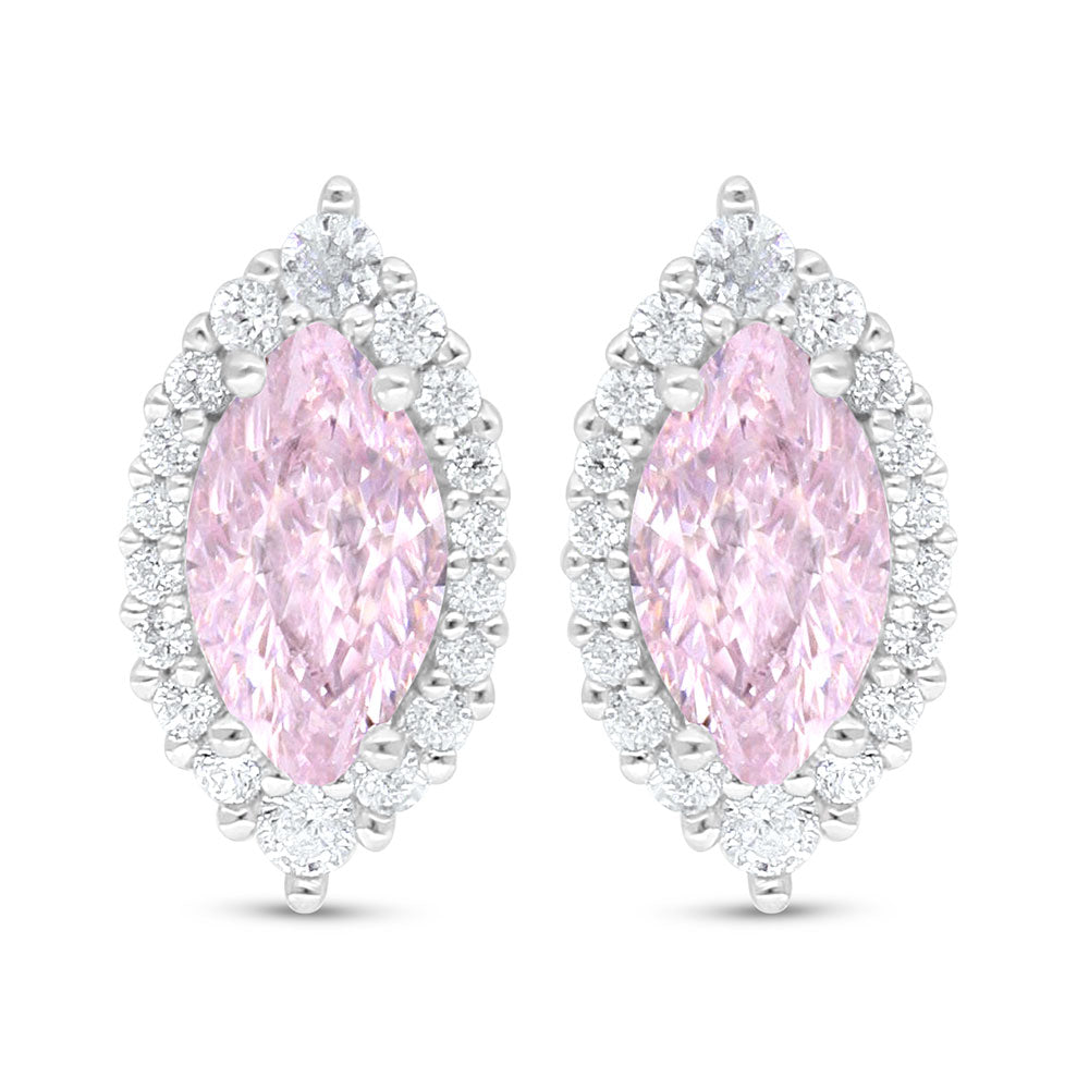 Sterling Silver 925 Earring Rhodium Plated Embedded With pink Zircon And White Zircon