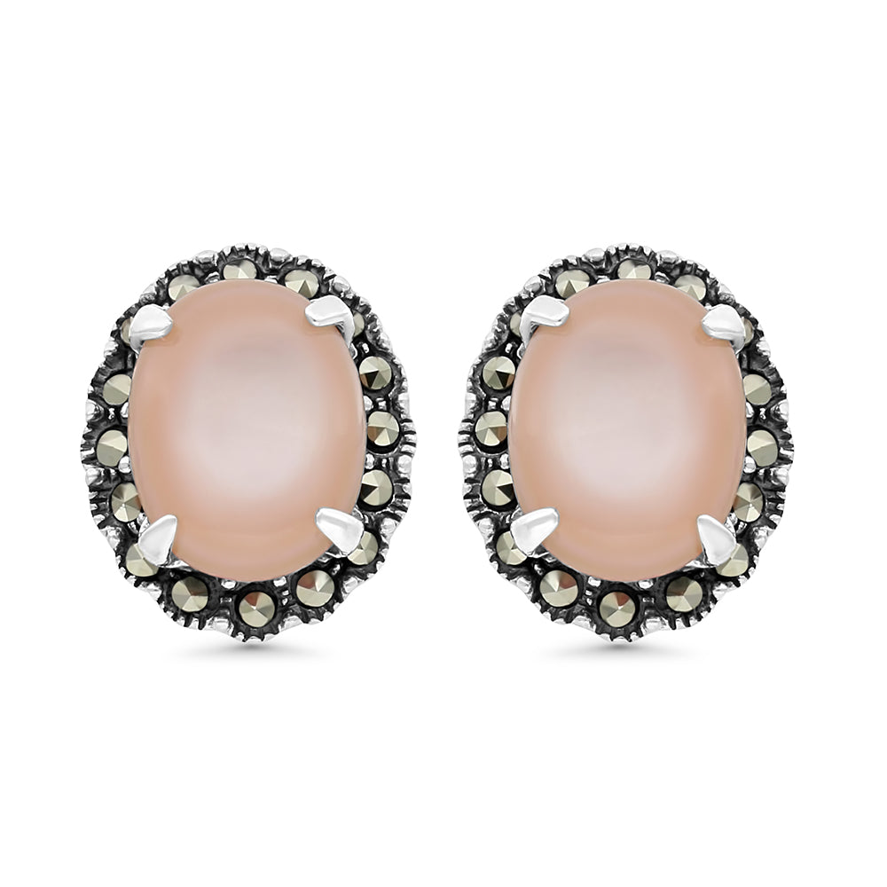 Sterling Silver 925 Earring Embedded With Natural Pink Shell And Marcasite Stones
