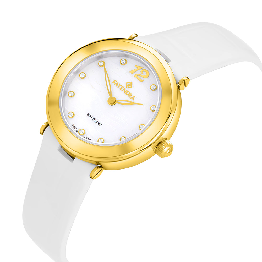 Stainless Steel 316L Watch Golden Color White Leather And White Zircon - WHITE MOP DIAL