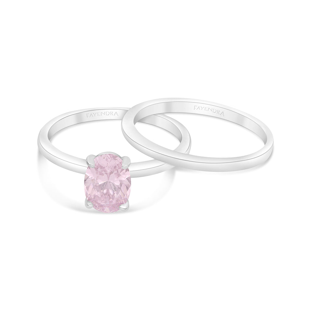 Sterling Silver 925 Ring (Twins) Rhodium Plated Embedded With Pink Zircon