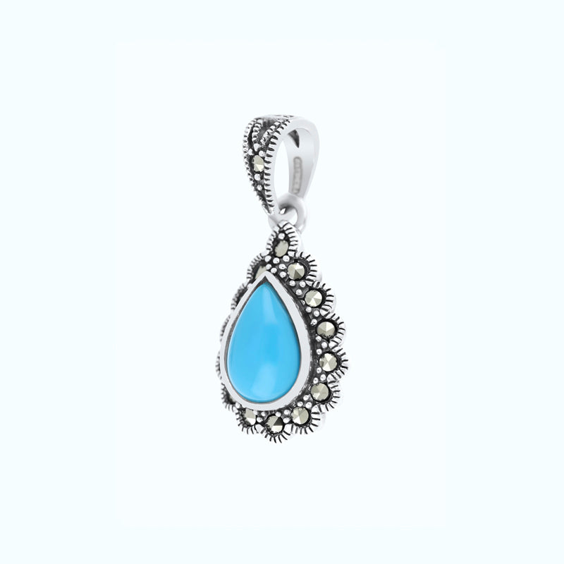 Sterling Silver 925 Pendant Embedded With Natural Processed Turquoise And Marcasite Stones