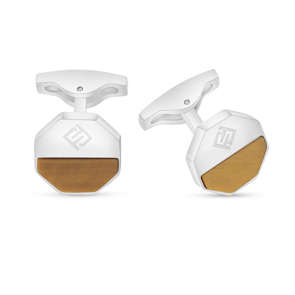 Stainless Steel Cufflink 316L Embedded With Yellow Tiger Eye Shiny Steel