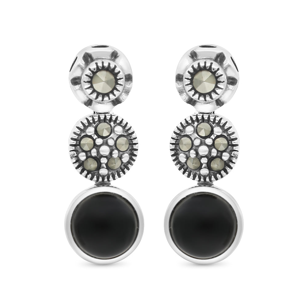 Sterling Silver 925 Earring Embedded With Natural Black Agate And Marcasite Stones
