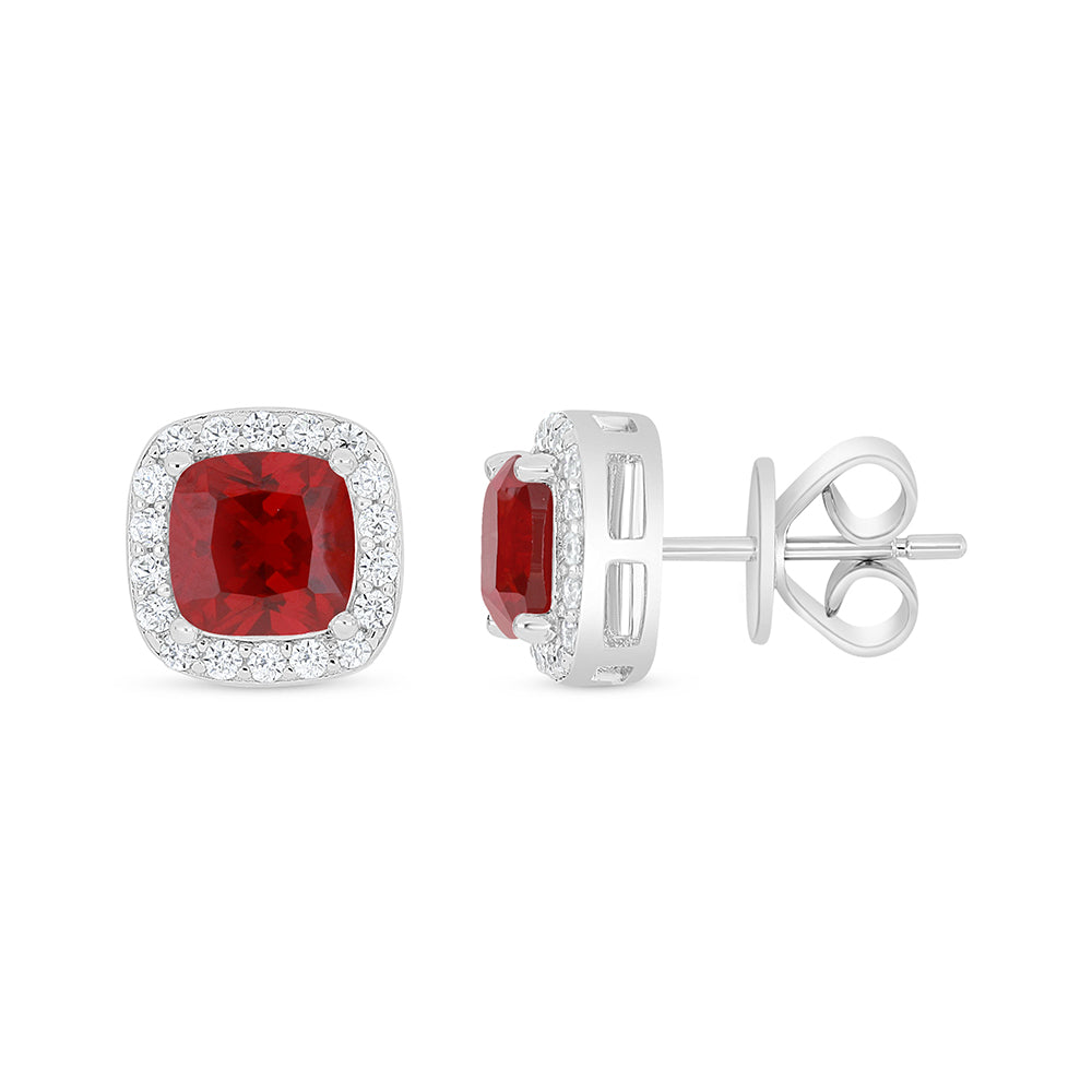 Sterling Silver 925 Earring Rhodium Plated Embedded With Ruby Corundum And White Zircon
