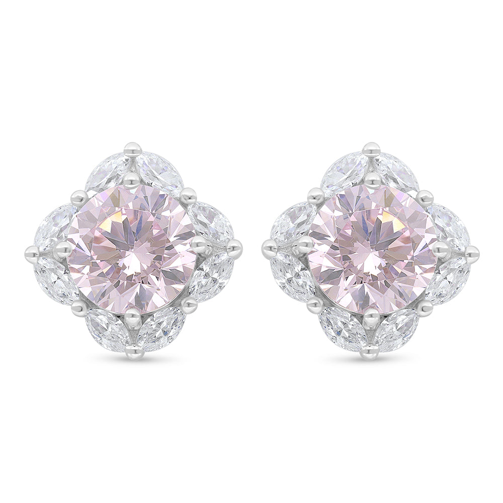 Sterling Silver 925 Earring Rhodium Plated Embedded With Pink Zircon And White Zircon