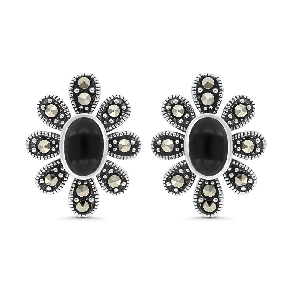Sterling Silver 925 Earring Embedded With Natural Black Agate And Marcasite Stones