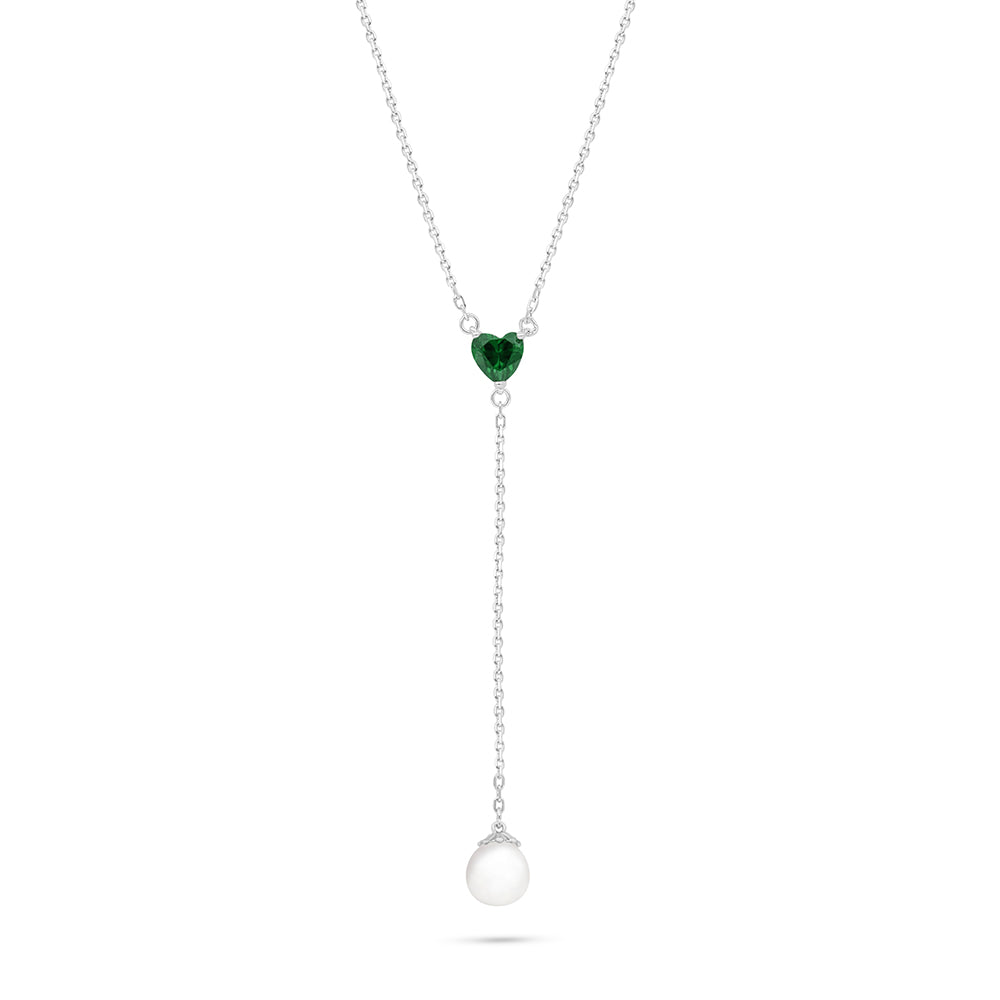 Sterling Silver 925 Necklace Rhodium Plated Embedded With Natural White Pearl And Emerald Zircon