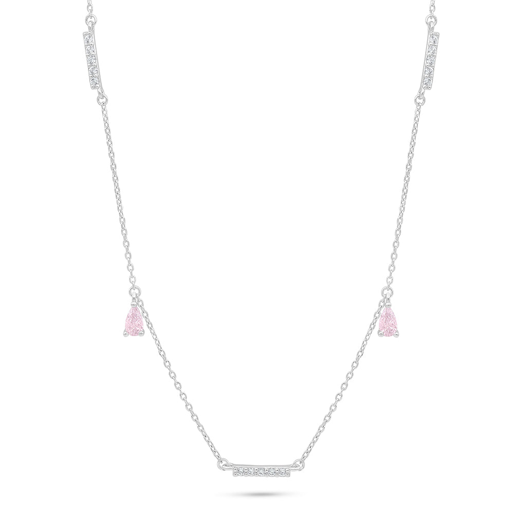 Sterling Silver 925 Necklace Rhodium Plated Embedded With Pink Zircon And White Zircon
