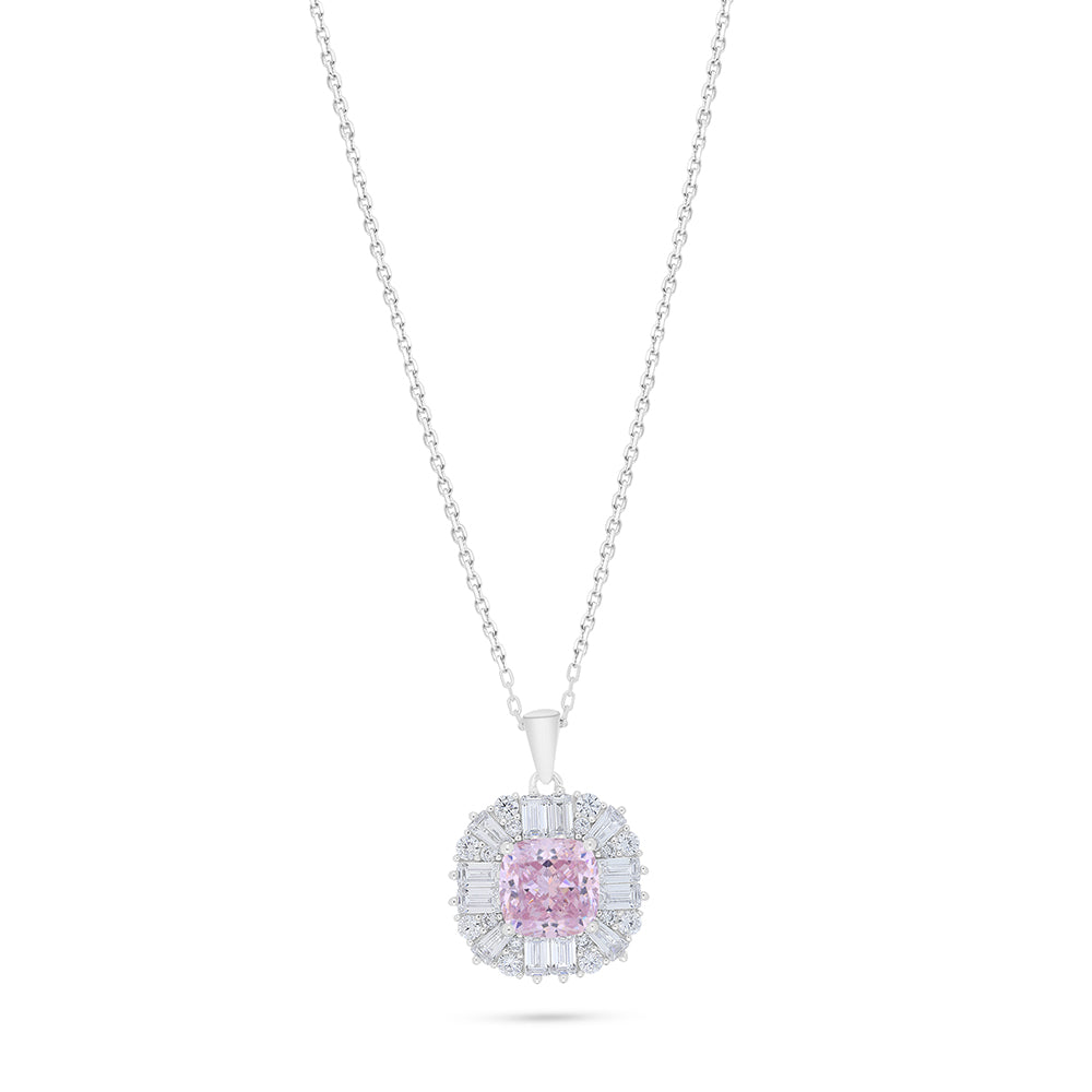 Sterling Silver 925 Necklace Rhodium Plated Embedded With Pink Zircon And White Zircon