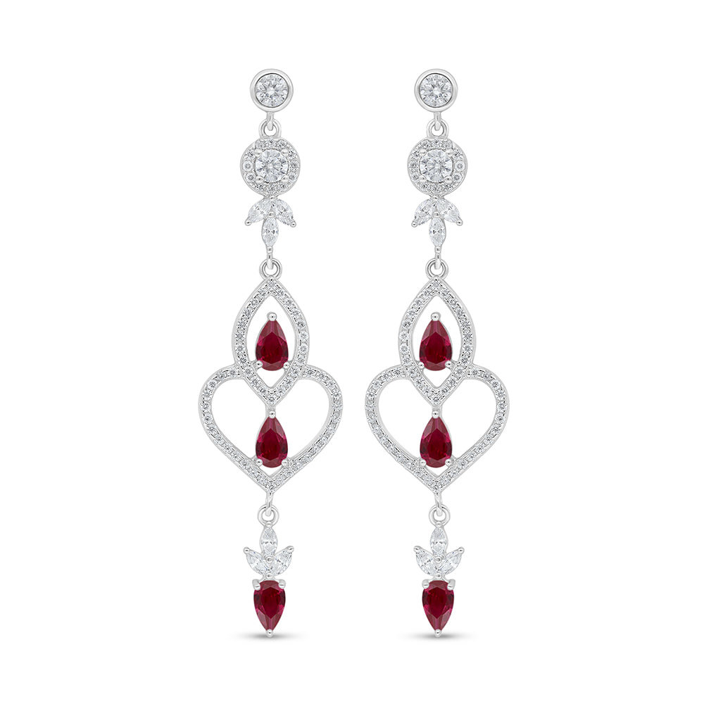 Sterling Silver 925 Earring Rhodium Plated Embedded With Ruby Corundum And White Zircon