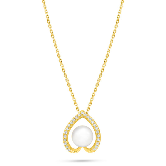 Sterling Silver 925 Necklace Golden Plated Embedded With Natural White Pearl And White Zircon