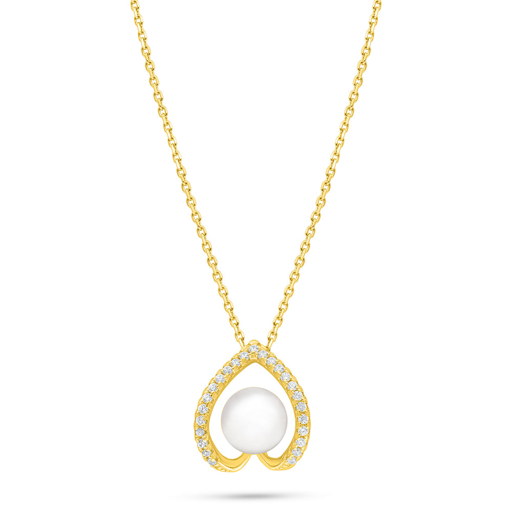 عقد من الفضة الخالصة عيار 925 مطلي ذهبي مرصع لولو ابيض طبيعي و فص ابيض