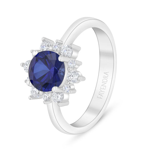 Sterling Silver 925 Ring Rhodium Plated Embedded With Sapphire Corundum And White Zircon