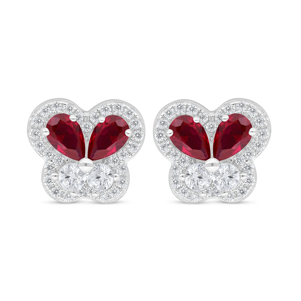 Sterling Silver 925 Earring Rhodium Plated Embedded With Ruby Corundum And White Zircon