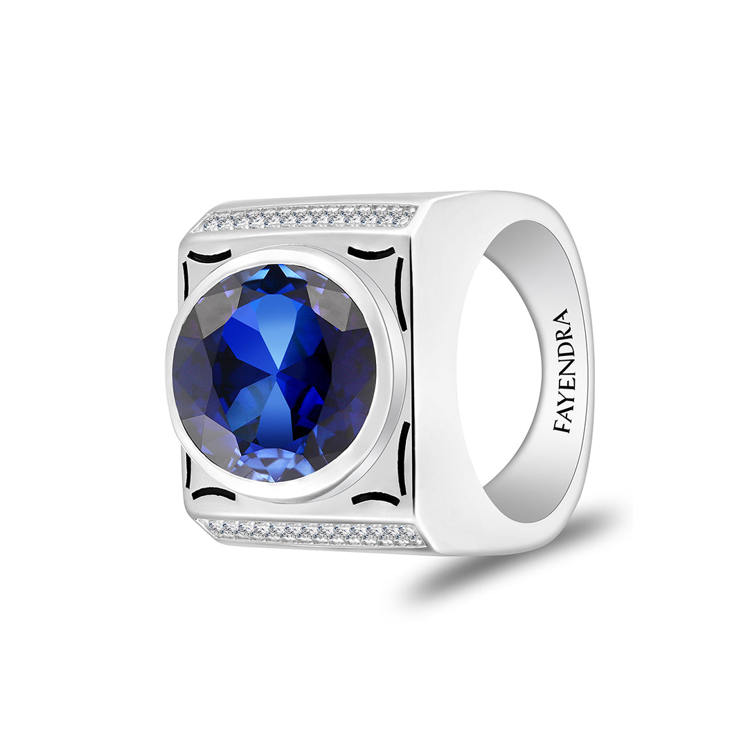 خاتم رجالي من الفضة الخالصة عيار 925 مطلي روديوم و اسود مرصع احجار زفير كروندوم و فص ابيض