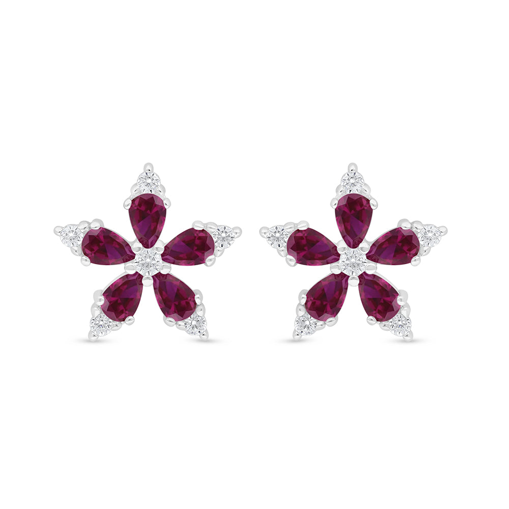 Sterling Silver 925 Earring Rhodium Plated Embedded With Ruby Corundum And White Zircon