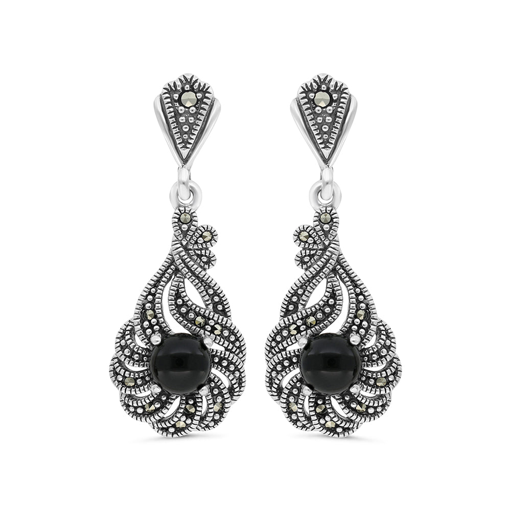 Sterling Silver 925 Earring Embedded With Natural Black Agate And Marcasite Stones