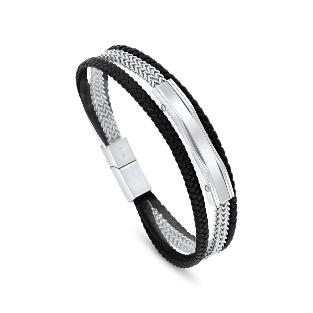 اسورة رجالي ستانلس ستيل لون فضي جلد اسود عيار 316L