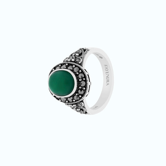 Sterling Silver 925 Ring Embedded With Natural Green Agate And Marcasite Stones