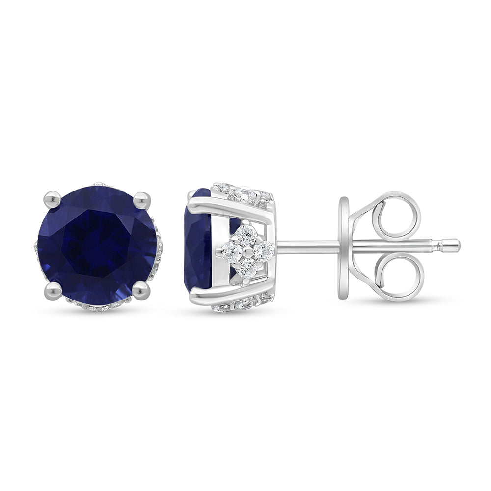 Sterling Silver 925 Earring Rhodium Plated Embedded With Sapphire Corundum And White Zircon