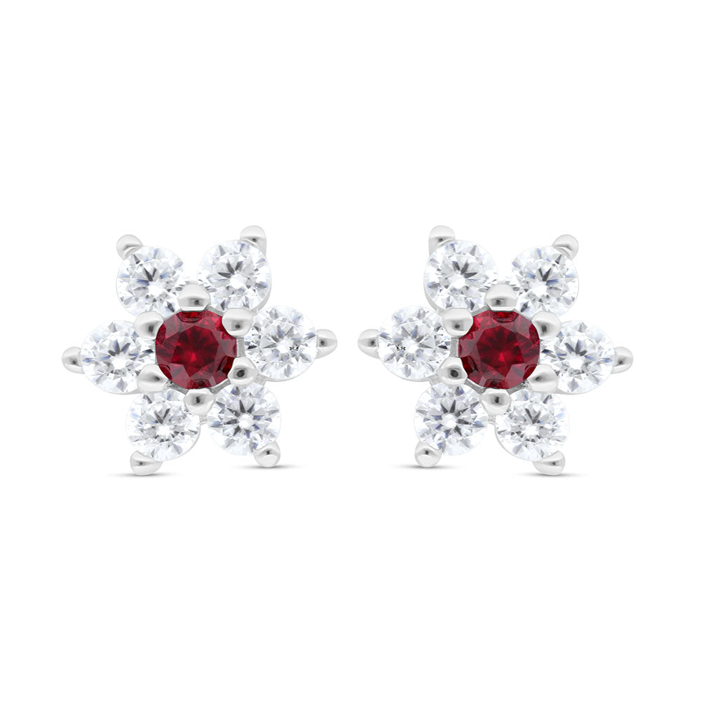 Sterling Silver 925 Earring Rhodium Plated Embedded With Ruby Corundum And White Zircon