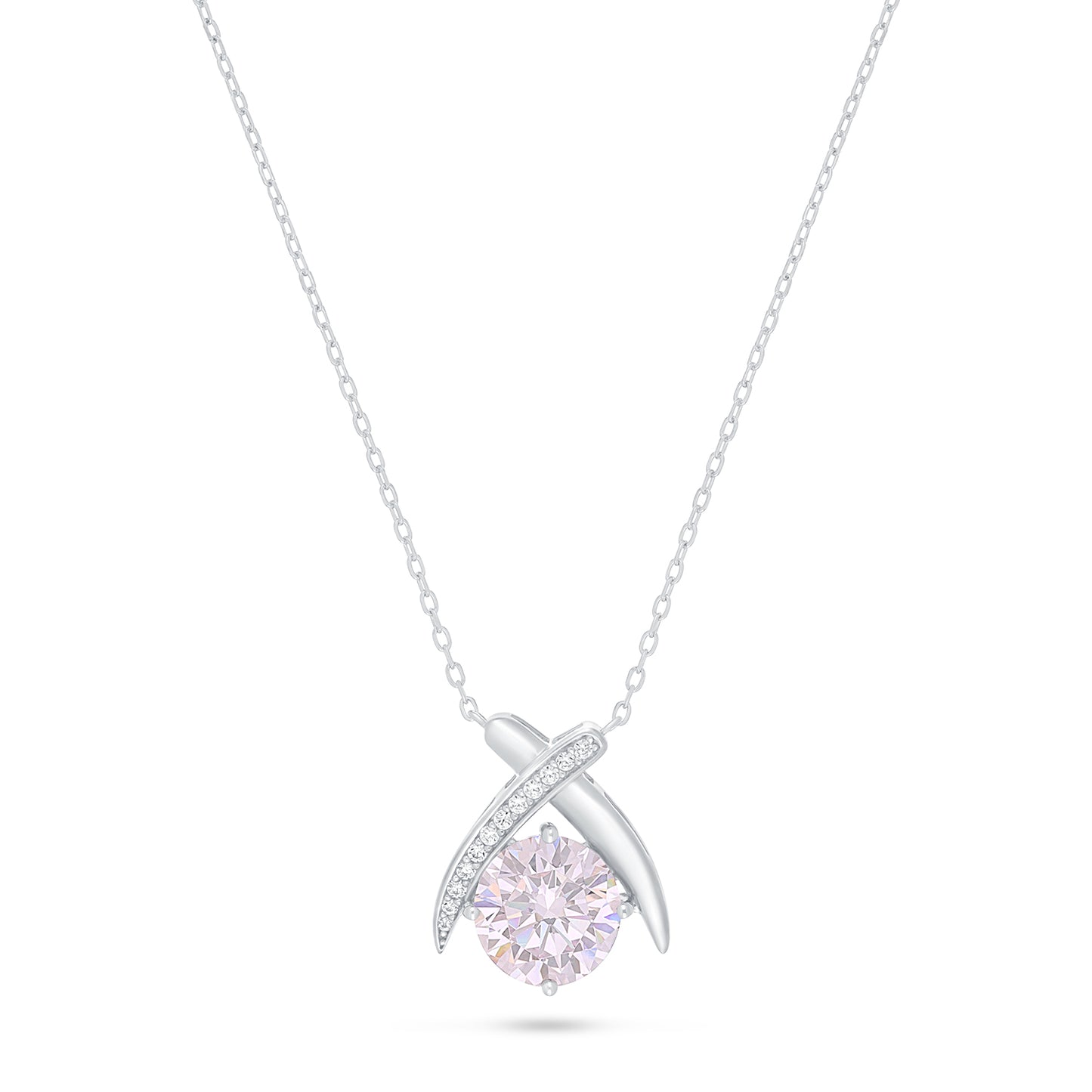 Sterling Silver 925 Necklace Rhodium Plated Embedded With Pink Zircon And White Zircon
