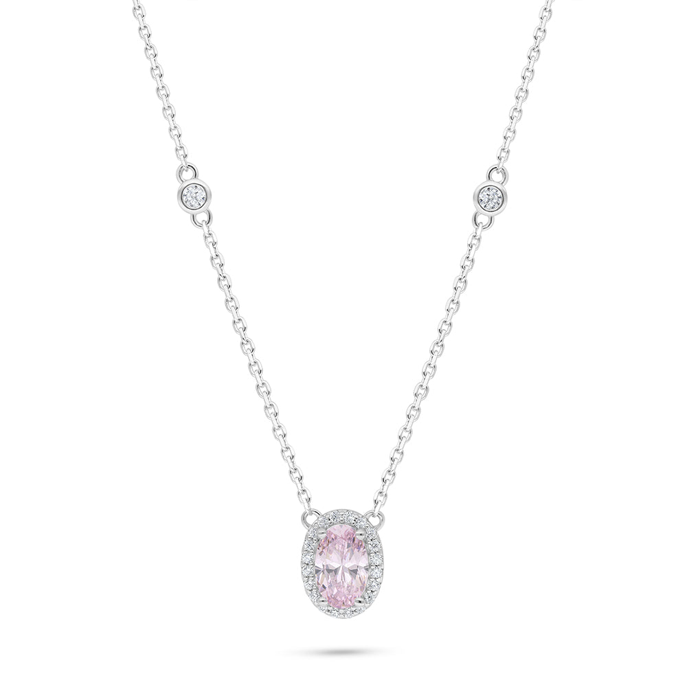 Sterling Silver 925 Necklace Rhodium Plated Embedded With Pink Zircon And White Zircon