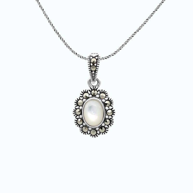 Sterling Silver 925 Pendant Embedded With Natural White Shell And Marcasite Stones