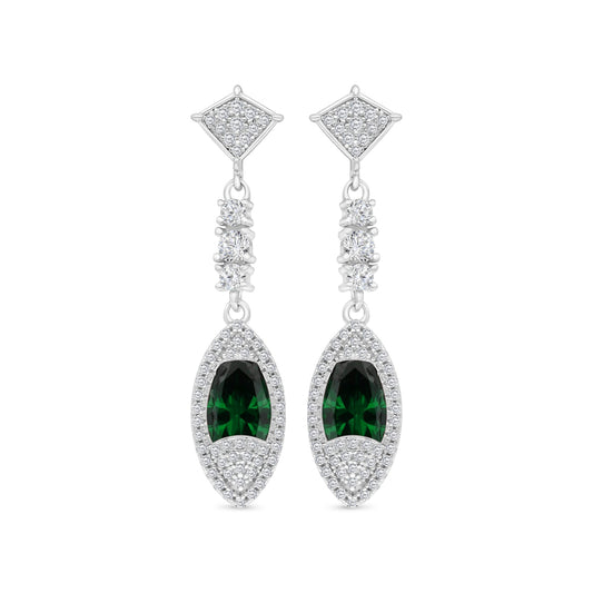 Sterling Silver 925 Earring Rhodium Plated Embedded With Emerald Zircon And White CZ