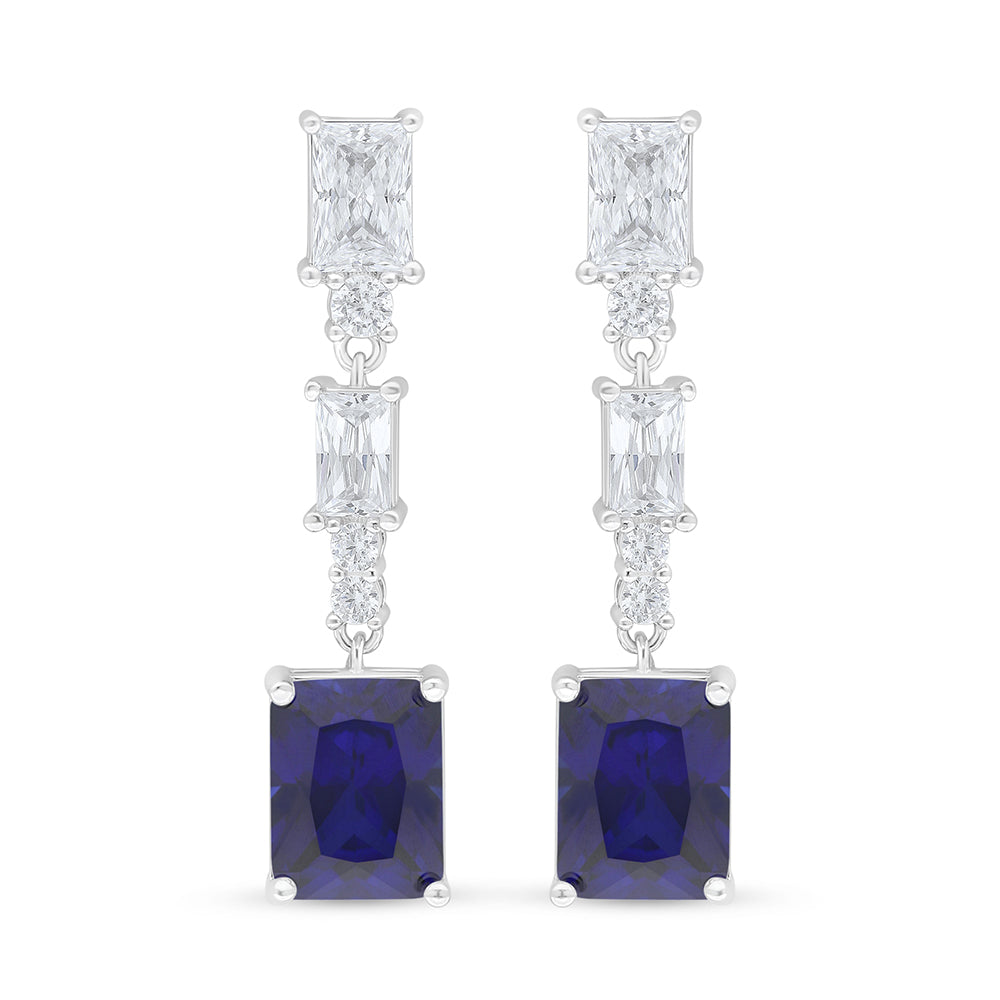 Sterling Silver 925 Earring Rhodium Plated Embedded With Sapphire Corundum And White Zircon