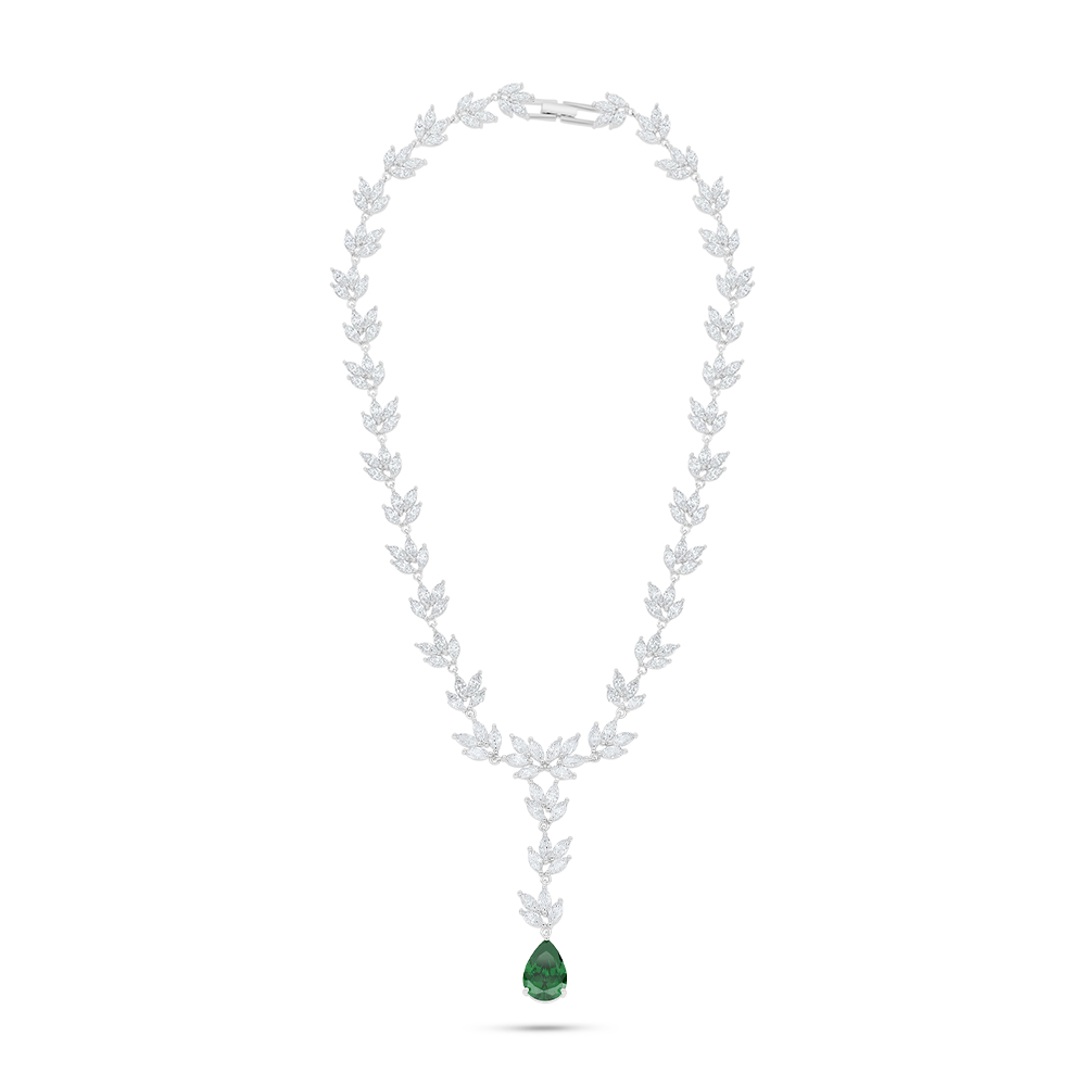 عقد من الفضة الخالصة عيار 925 مطلي روديوم مرصع زركون زمردي و فص ابيض