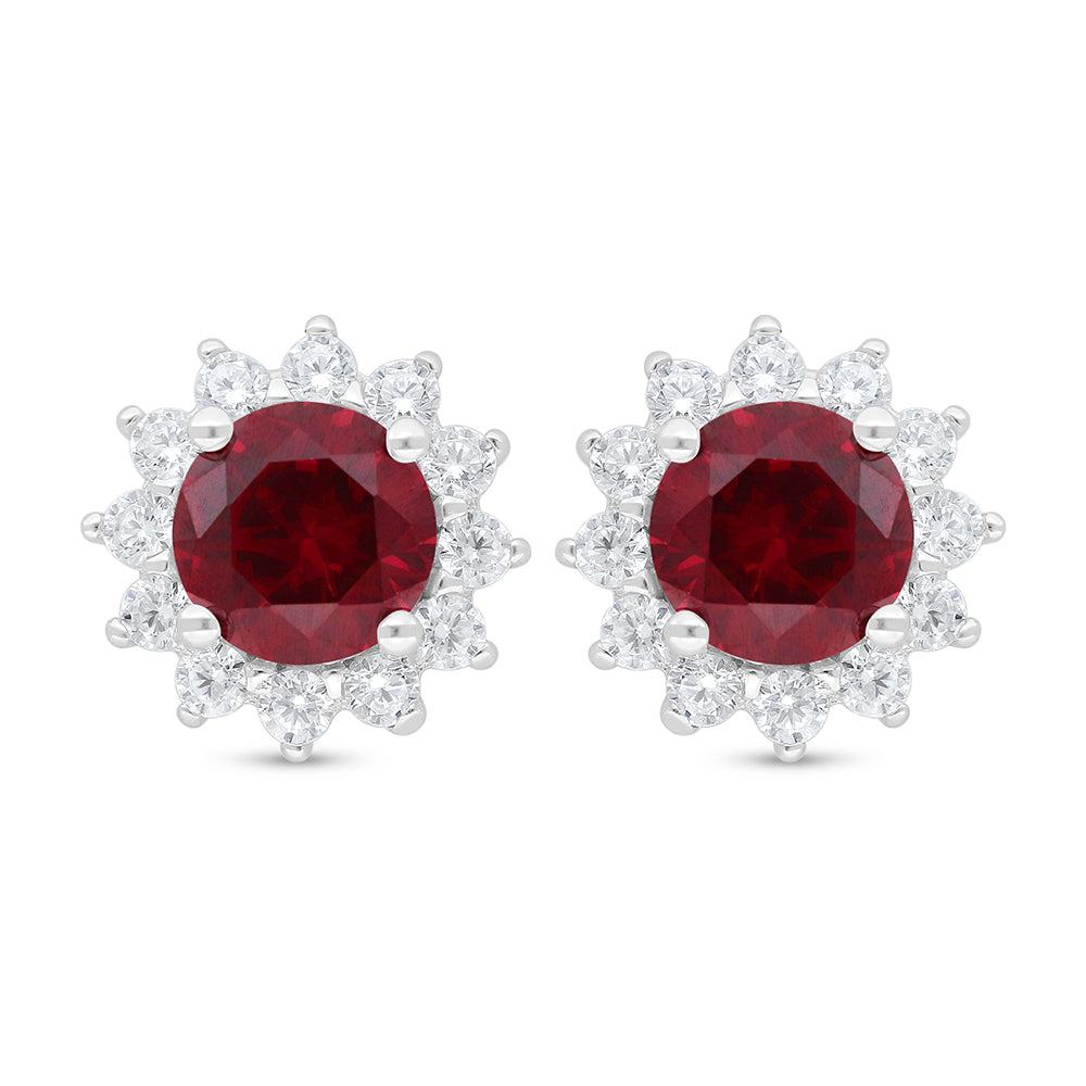 Sterling Silver 925 Earring Rhodium Plated Embedded With Ruby Corundum And White Zircon