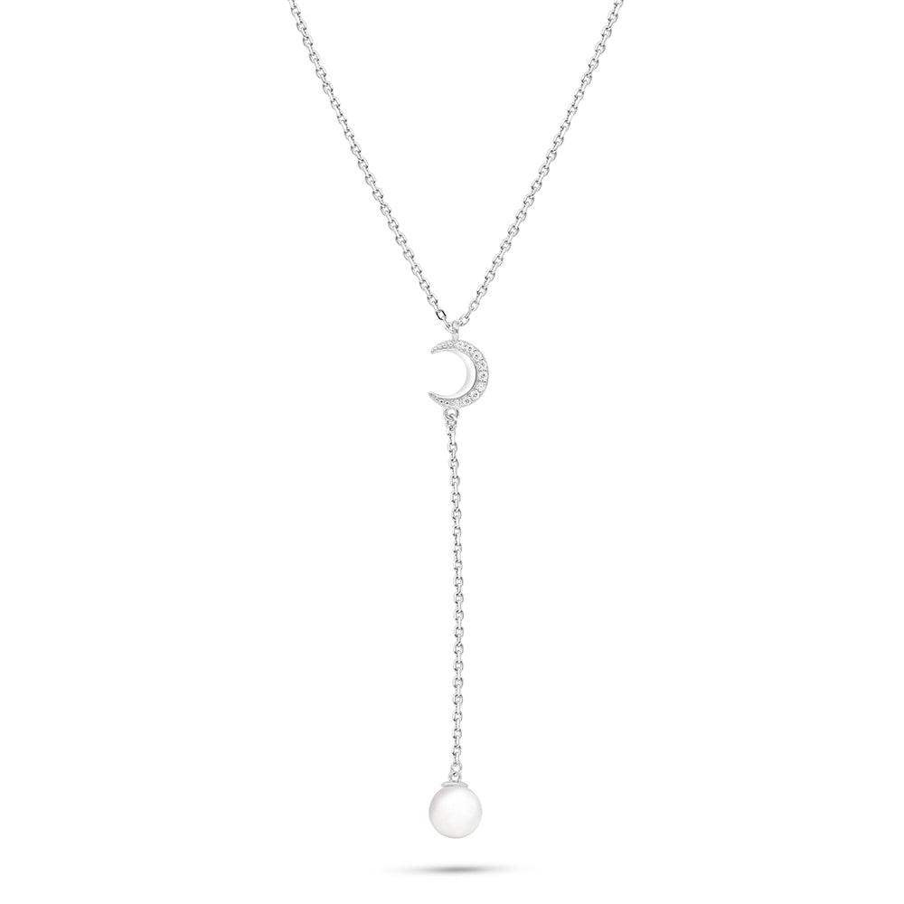 Sterling Silver 925 Necklace Rhodium Plated Embedded With Natural White Pearl And White Zircon
