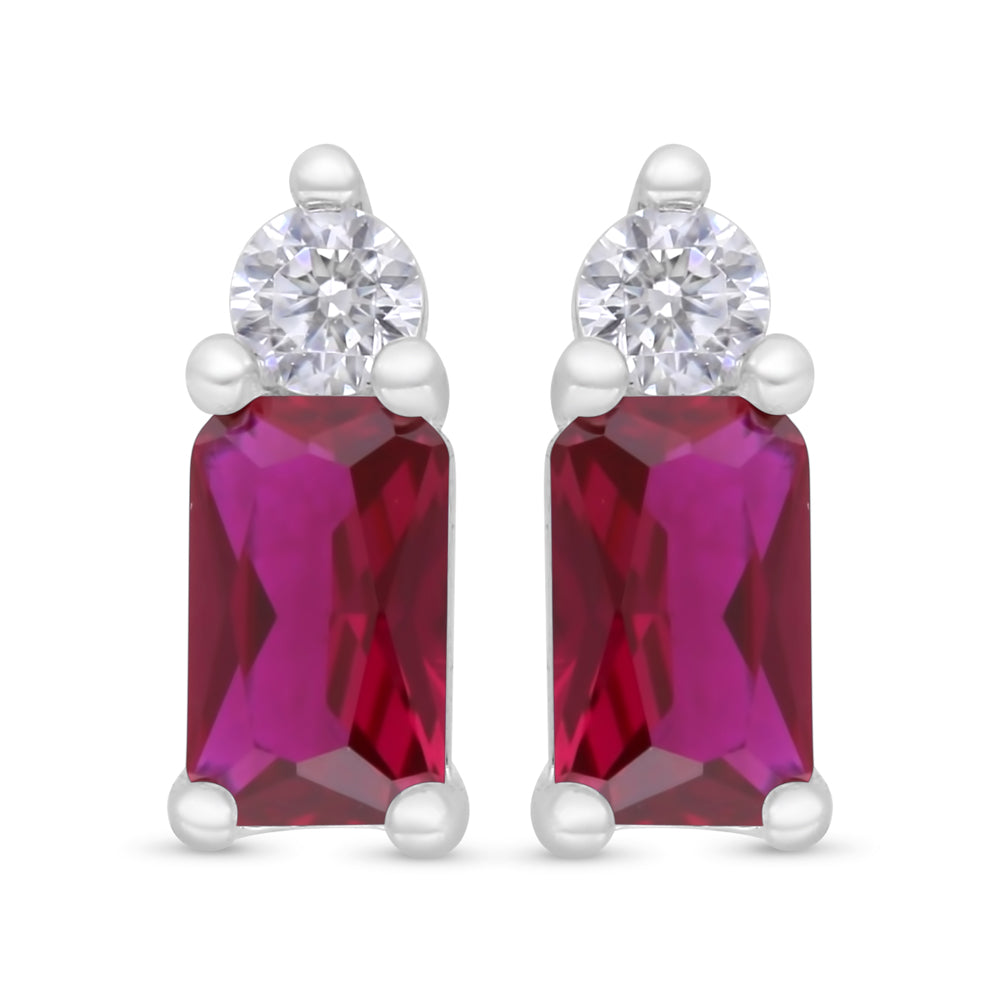 Sterling Silver 925 Earring Rhodium Plated Embedded With Ruby Corundum And White Zircon