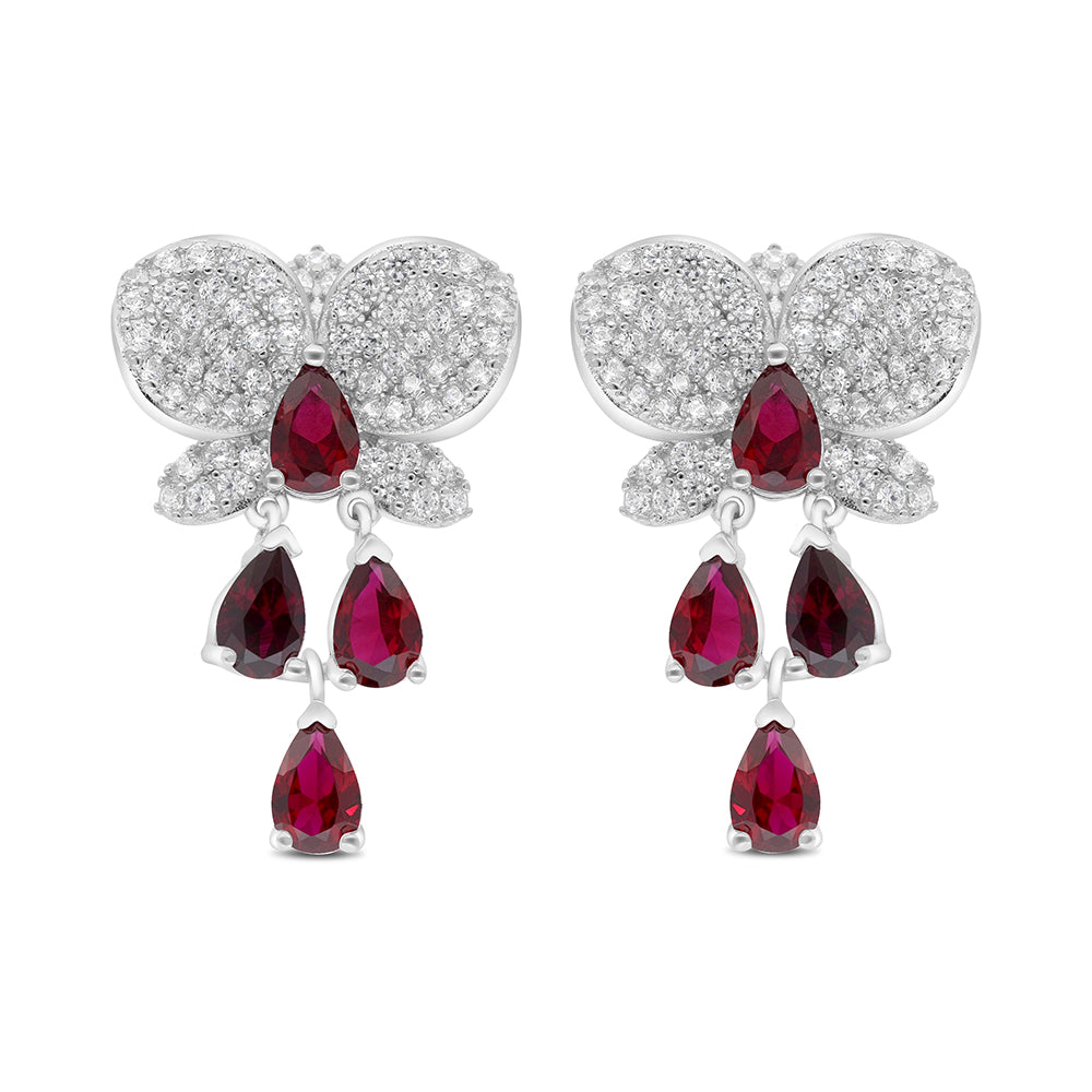 Sterling Silver 925 Earring Rhodium Plated Embedded With Ruby Corundum And White CZ