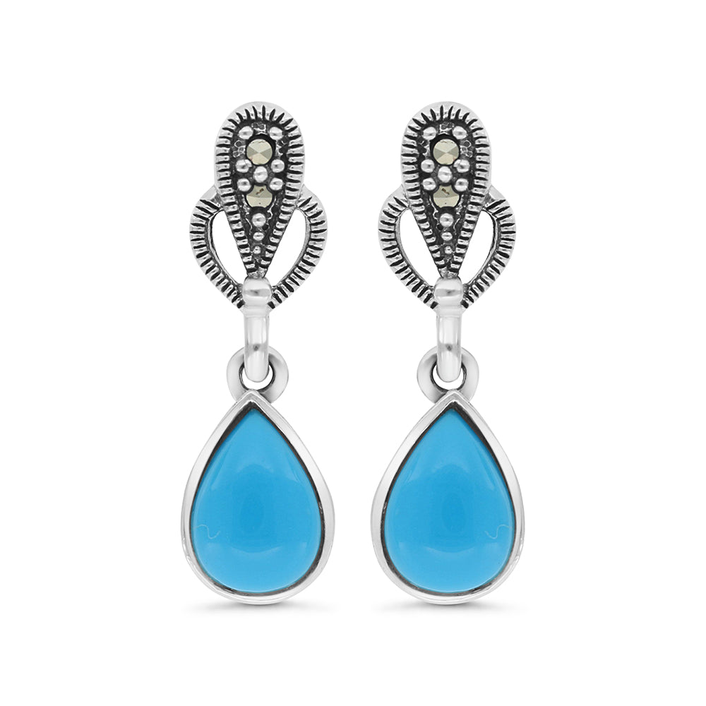 Sterling Silver 925 Earring Embedded With Natural Processed Turquoise And Marcasite Stones