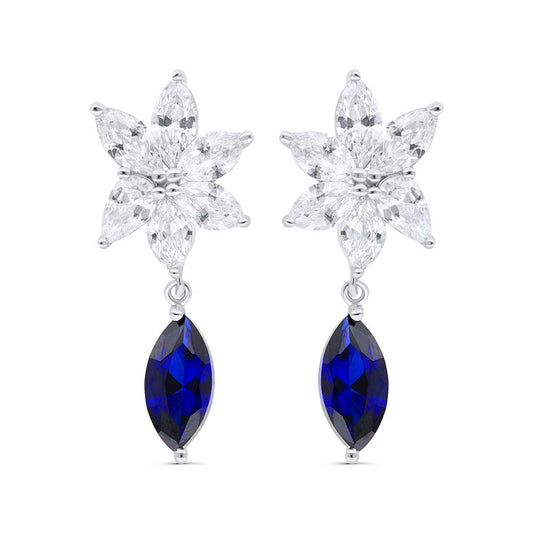 Sterling Silver 925 Earring Rhodium Plated Embedded With Sapphire Corundum And White Zircon