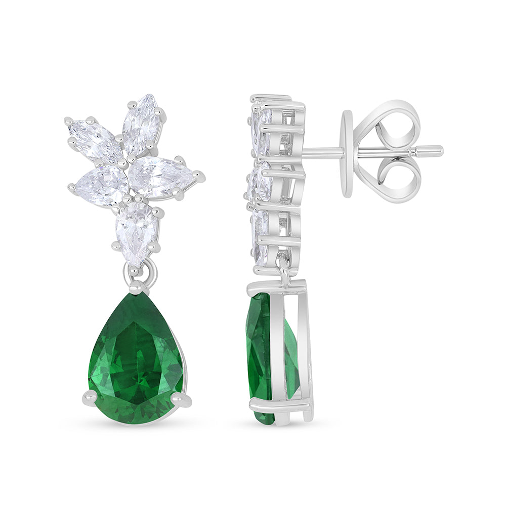 Sterling Silver 925 Earring Rhodium Plated Embedded With Emerald Zircon And White Zircon