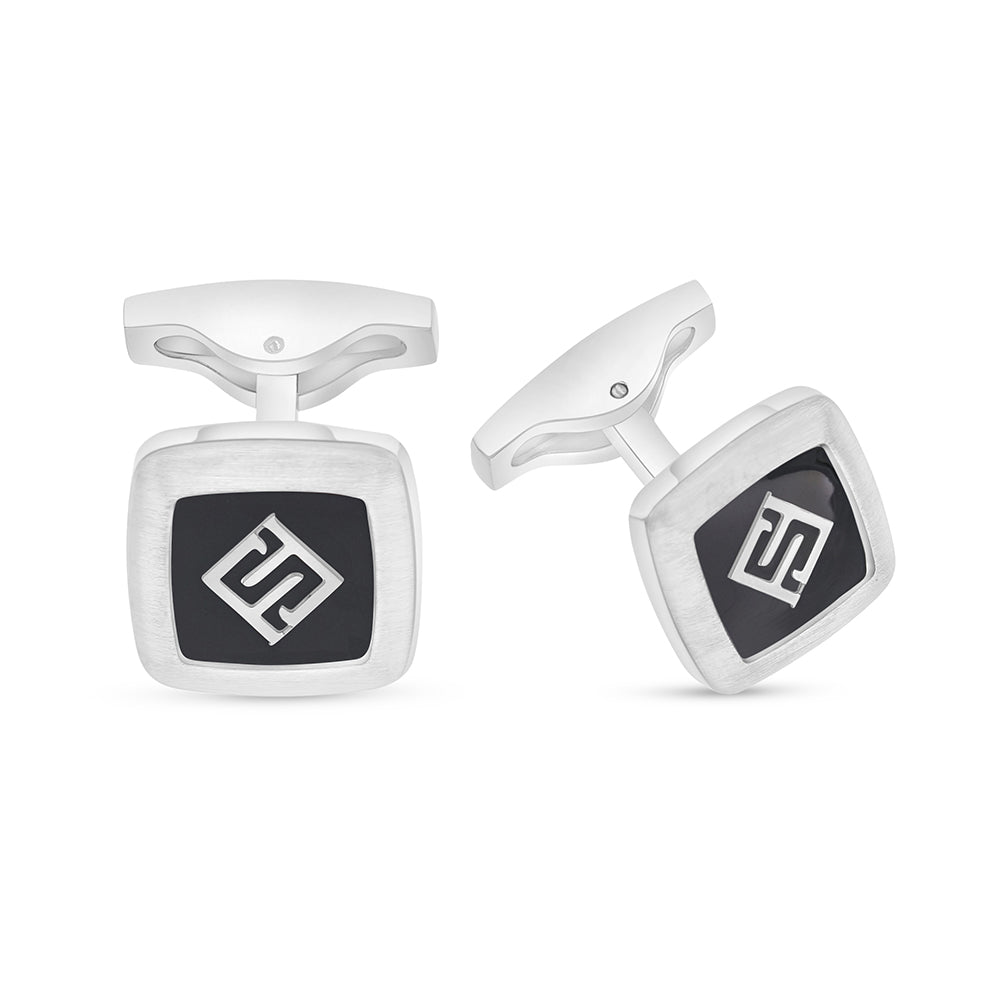 Stainless Steel Cufflink 316L Embedded With Black Agate Shiny Steel