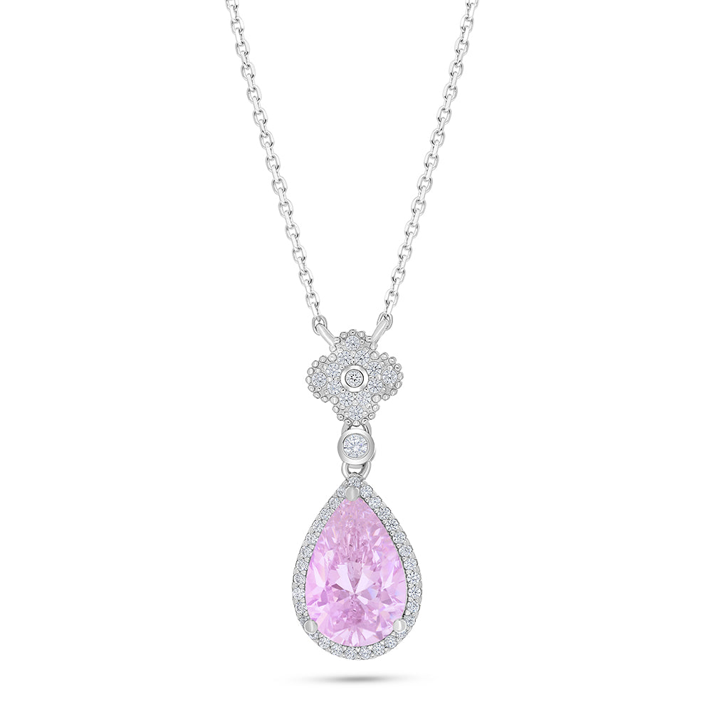 Sterling Silver 925 Necklace Rhodium Plated Embedded With Pink Zircon And White Zircon