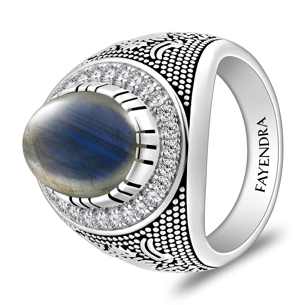 خاتم رجالي من الفضة الخالصة عيار 925 مطلي روديوم و اسود مرصع احجار لابرادوريت اوبالي كابشون وفص ابيض