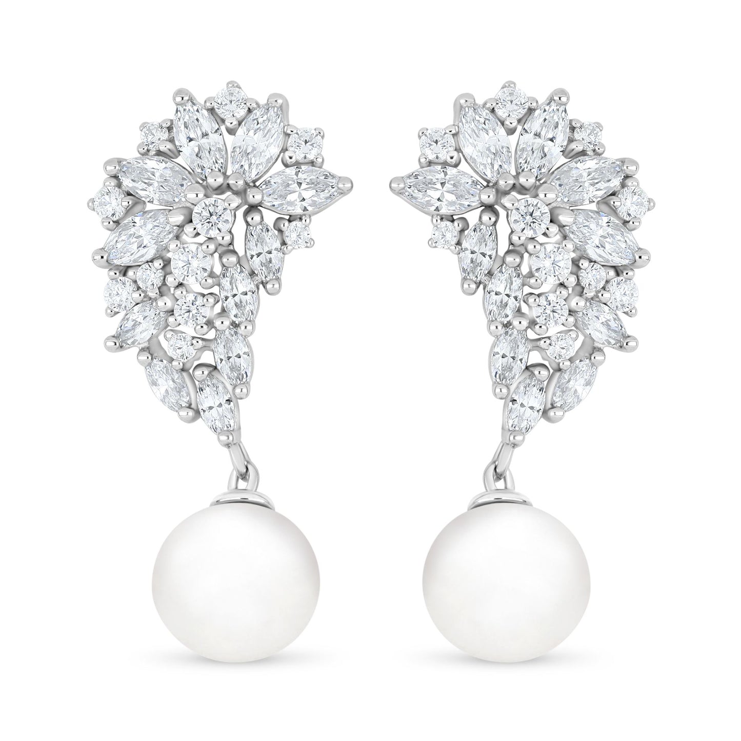 Sterling Silver 925 Earring Rhodium Plated Embedded With Natural White Pearl And White Zircon