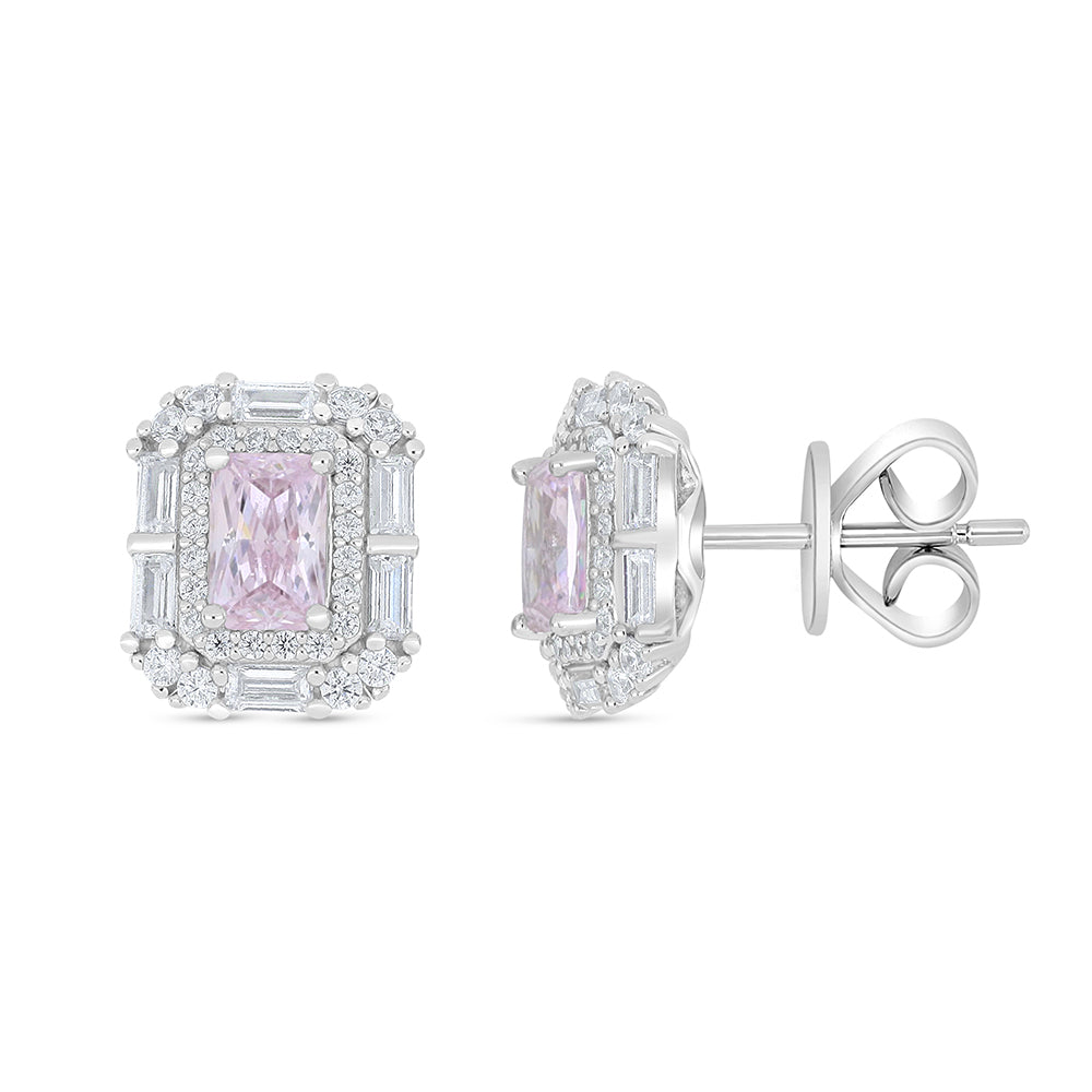 Sterling Silver 925 Earring Rhodium Plated Embedded With Pink Zircon And White Zircon