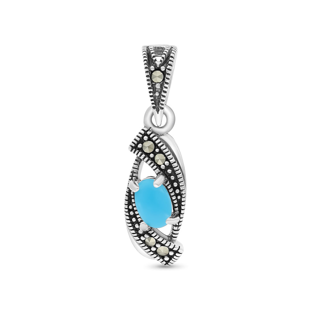 Sterling Silver 925 Pendant Embedded With Natural Processed Turquoise And Marcasite Stones