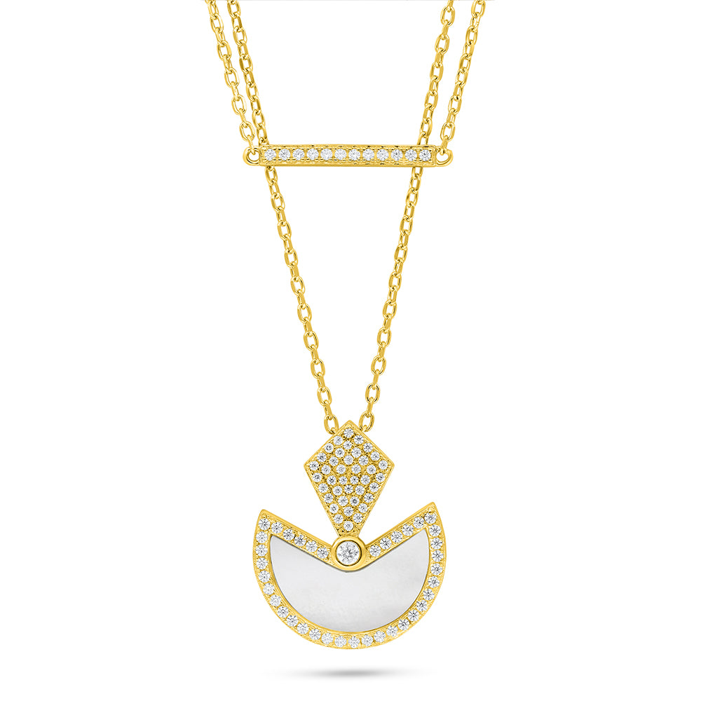 عقد من الفضة الخالصة عيار 925 مطلي ذهبي مرصع صدف ابيض و فص ابيض