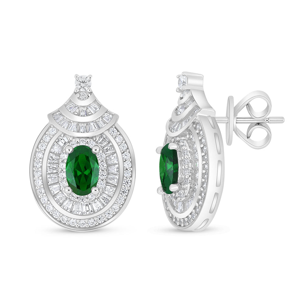 Sterling Silver 925 Earring Rhodium Plated Embedded With Emerald Zircon And White Zircon
