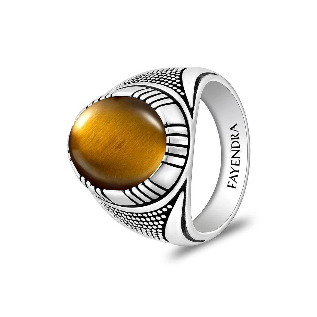 Sterling Silver 925 Ring Rhodium And Black Plated Embedded With Cabochon Yellow Tiger Eye For Men